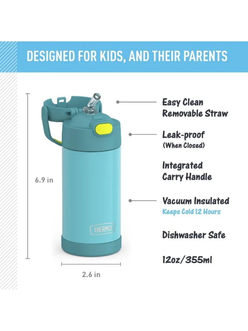 12oz Insulated Water Bottle with Straw - Kids' Travel Flask, Blue/Green